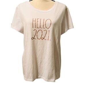 RAE DUNN Womens "Hello 2021" XL white t-shirt Short‎ Sleeve Shirt